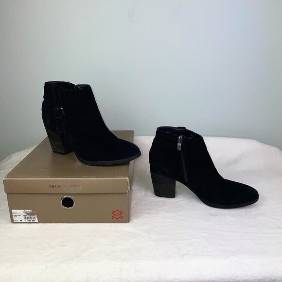 Franco Fortini Briana Ankle Boots Black Suede Buckle Fringe Booties Women's 8.5 - Picture 2 of 11